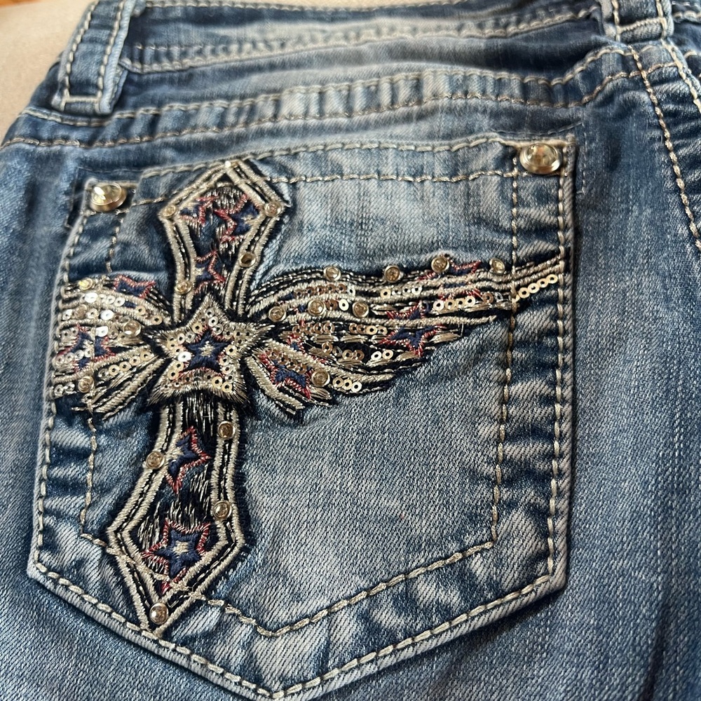 Miss Me Blue Ornate Cross Embellished Jeans